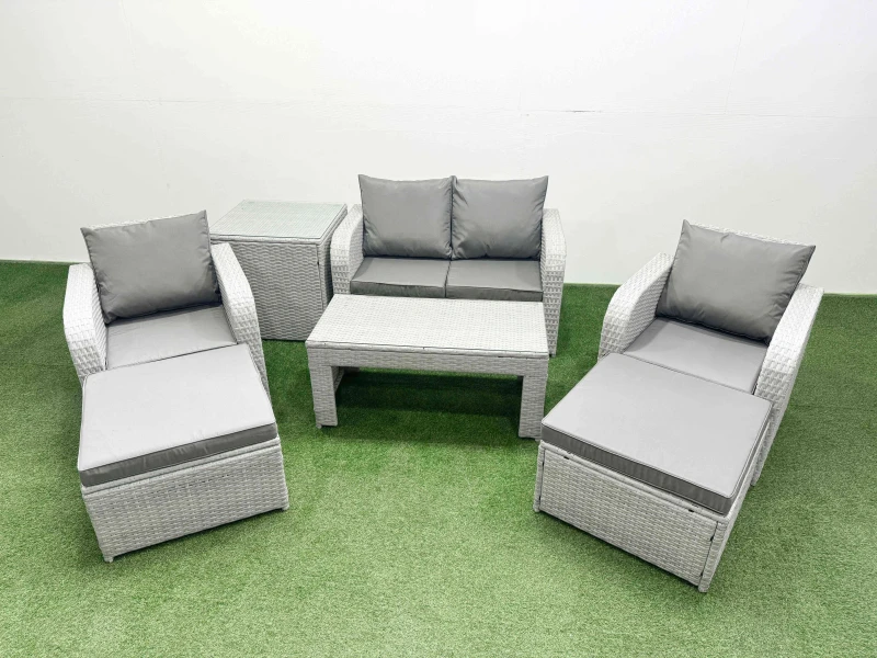 Image of Fimous Light Grey PE Wicker Rattan Garden Furniture Set Sofa Set Reclining Adjustable Chair Oblong Coffee Table 6 Seater 2 Big Stools Side Table Light
