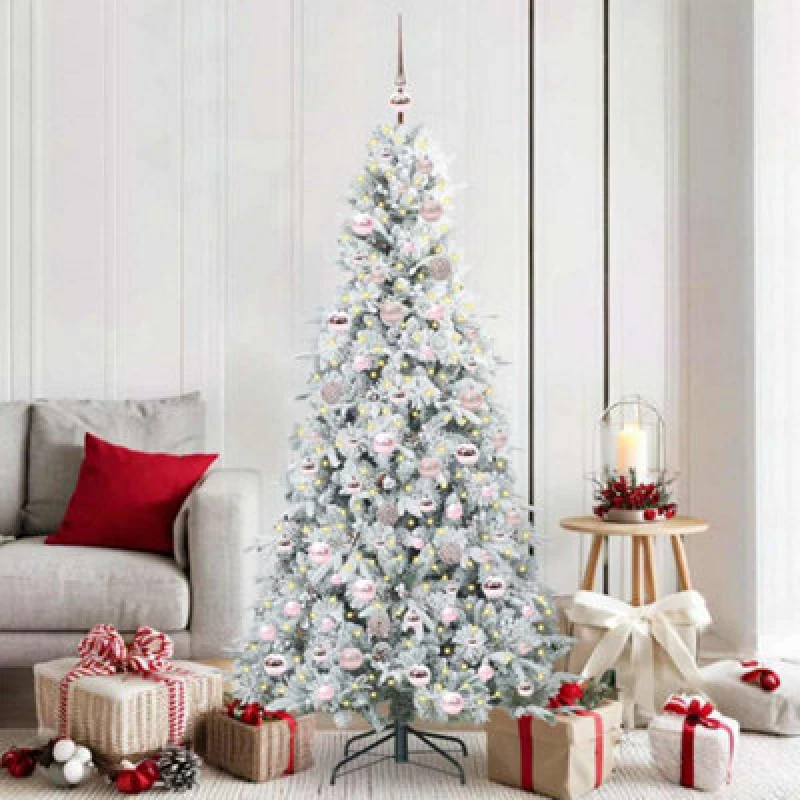 Image of vidaXL Artificial Hinged Christmas Tree with Pink Balls Snow Flocked Green 180cm PE and PVC, Green 3397486