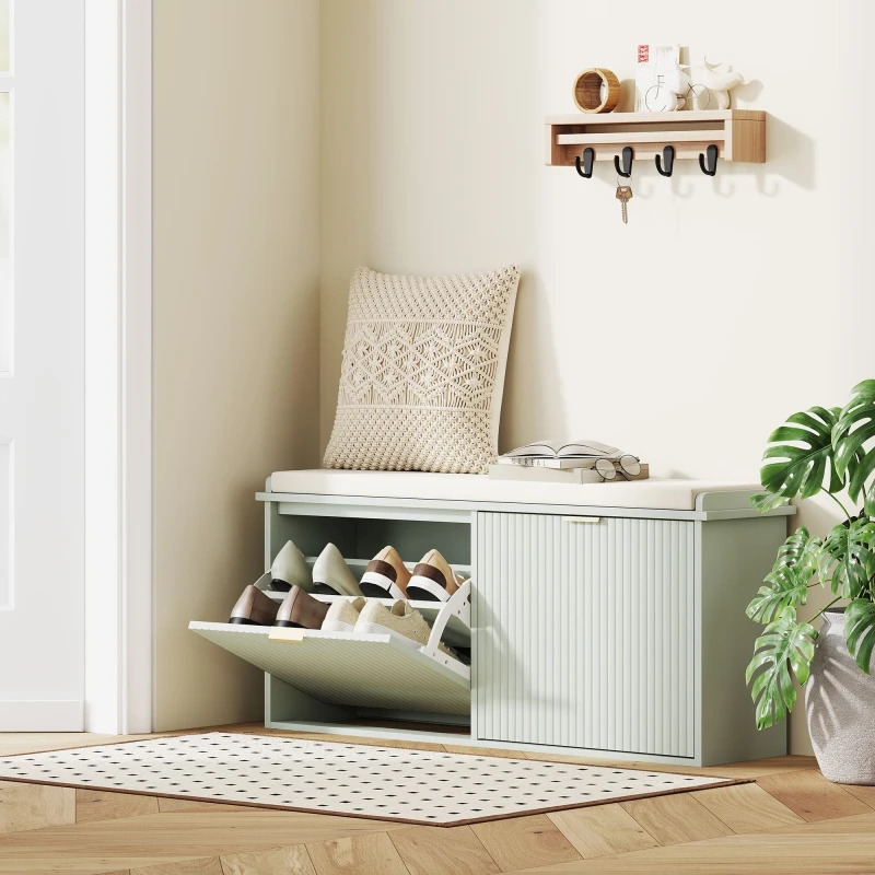 Image of HOMCOM HOMCOM Shoe Bench with Padded Seat Cushion and Flip-Drawer, 104x26x47.5cm in Green Green One Size Unisex 5063603159198