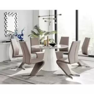 Image of Furniturebox Palma White Marble Effect 120cm Round Minimalist Dining Table & 6 Cappuccino Willow Silver Feet Faux Leather Chairs