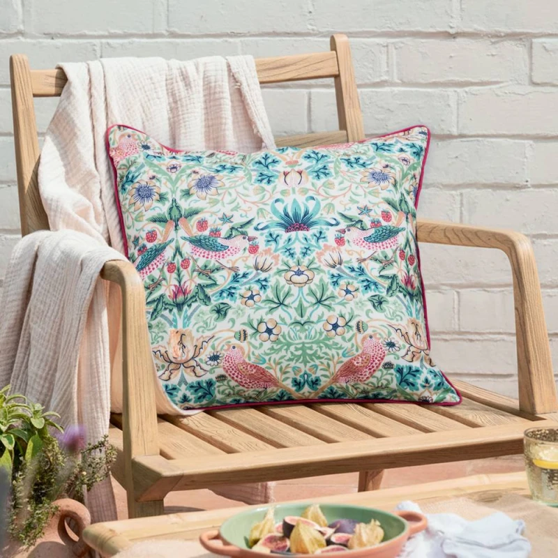 Image of Morris & Co Strawberry Thief Piped Outdoor Cushion in Coral Size: 50cm x 50cm Coral Unisex 50cm x 50 cm