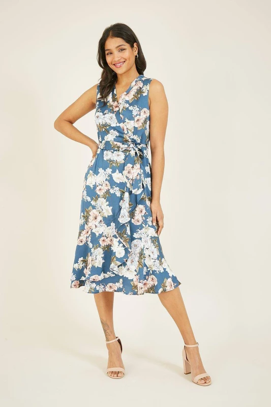 Image of Mela Satin Floral 'Nya' Midi Wrap Dress Blue female
