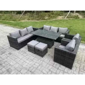 Image of Fimous 8 Seater Outdoor Dark Grey Rattan Lounge Complete Sofa Set with Adjustable Dining Table and 2 Stools