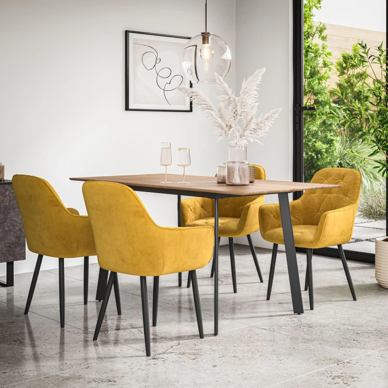 Image of More4Homes Haydon Extending Dining Table And Chairs - Oak Effect Table Top W Black Legs + Anika Velvet Dining Chair Set Of 4 (Mustard)
