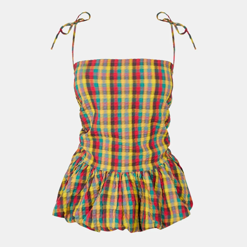 Image of AmyLynn Womens Sabrina Peplum Top Red/Green Chk female 8 (S)