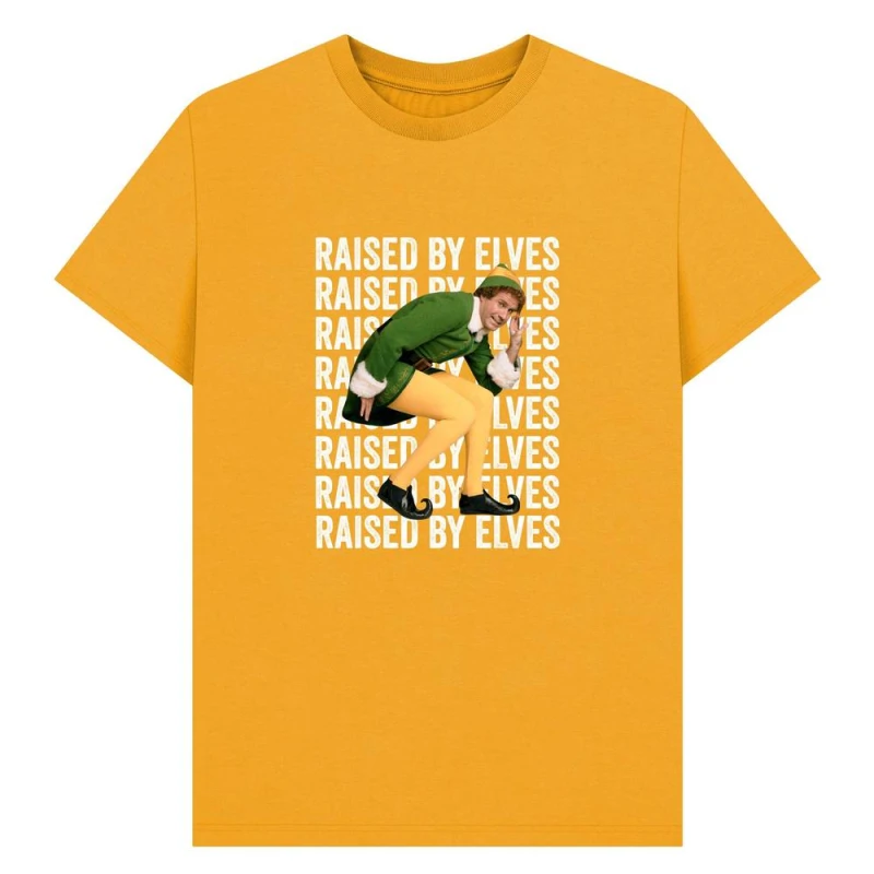 Image of Elf Mens Raised By Elves Graphic T-Shirt in Mustard Size: Small Mustard Male S