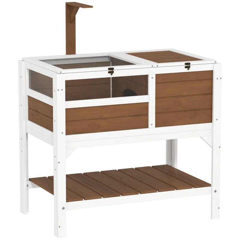 Image of PawHut Wooden Tortoise House w/ Run, Shelter, Shelf, Lamp Holder - Brown Brown