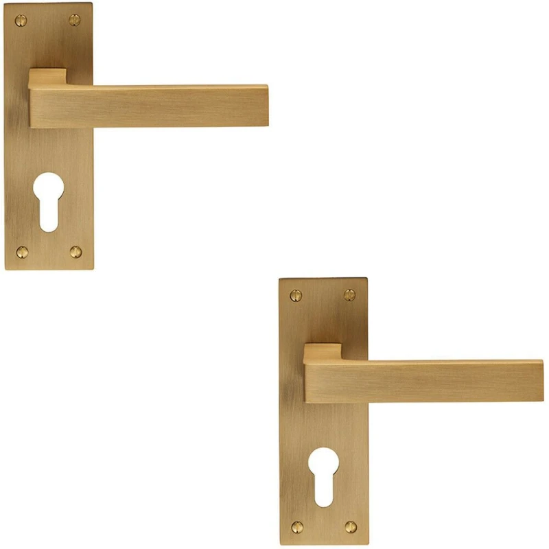 Image of Loops 2x PAIR Straight Square Handle on Euro Lock Backplate 150 x 50mm Antique Brass Metallics