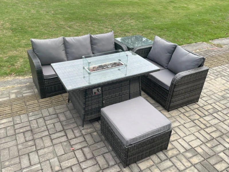 Image of Fimous PE Wicker Outdoor Rattan Garden Furniture Set Propane Gas Fire Pit Table and Sofa set with Side Table Big Footstool Dark Grey