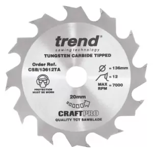 Image of Trend CRAFTPRO Wood Cutting Cordless Saw Blade 136mm 12T 20mm