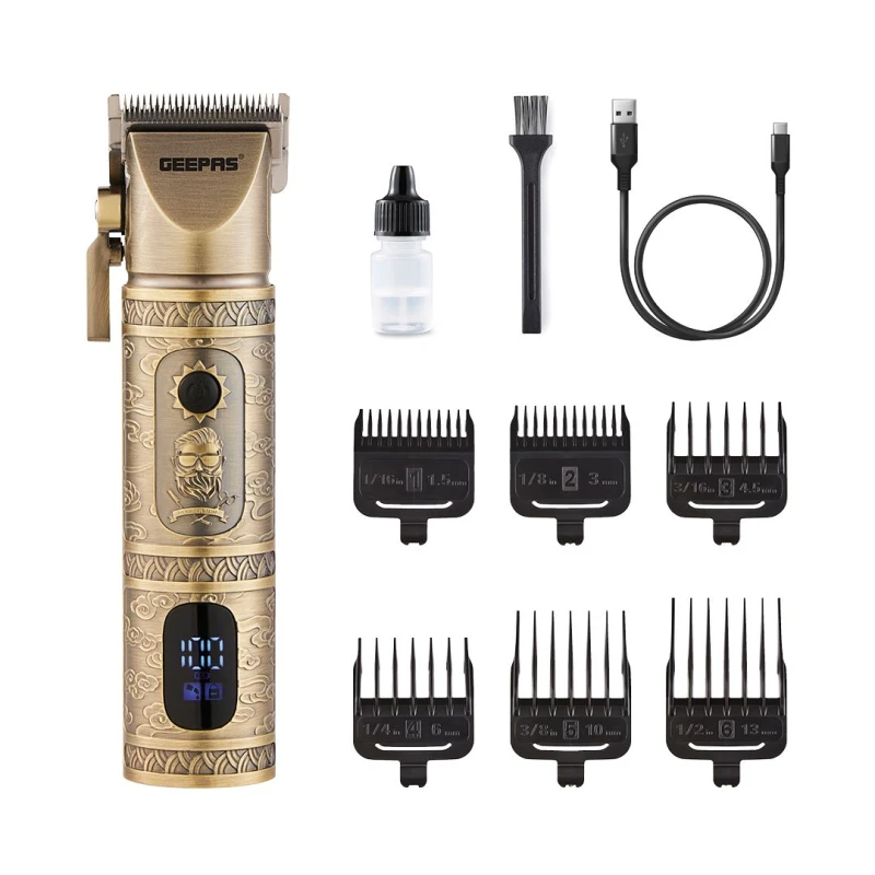 Image of Geepas Professional Hair Clipper Rechargeable Vintage Beard Trimmer LED Display Gold