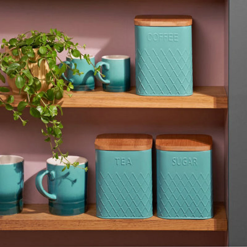 Image of Cooks Professional 3 Piece Tea, Coffee & Sugar Square Cannister Jar Bin Set With Bamboo Lids & Diamond Pattern - Teal