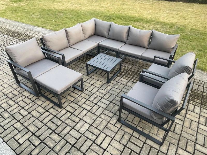 Image of Fimous 10 Seater Aluminium Garden Furniture Set Outdoor Lounge Corner Sofa 3 Pcs Chair Square Coffee Table Sets with Big Footstool Dark Grey Dark Grey