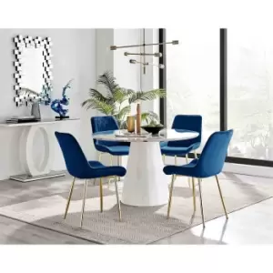 Image of Furniture Box Palma White Marble Effect Round Dining Table and 4 Navy Pesaro Gold Leg Chairs