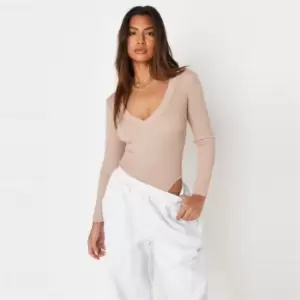 Image of Missguided Petite Skinny Rib Knitted V Neck Body - Neutral