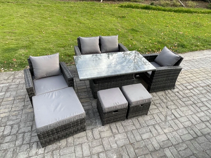 Image of Fimous Outdoor Garden Dining Sets 7 Seater Rattan Patio Furniture Sofa Set with Rising Lifting Table in Dark Grey Dark Grey Unisex