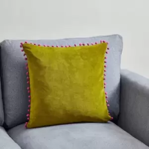 Image of Velvet Pom Pom Cushion Green