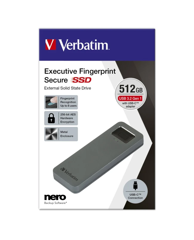 Image of VERBATIM Executive Fingerprint Secure External SSD - 512GB, Silver/Grey 023942536567