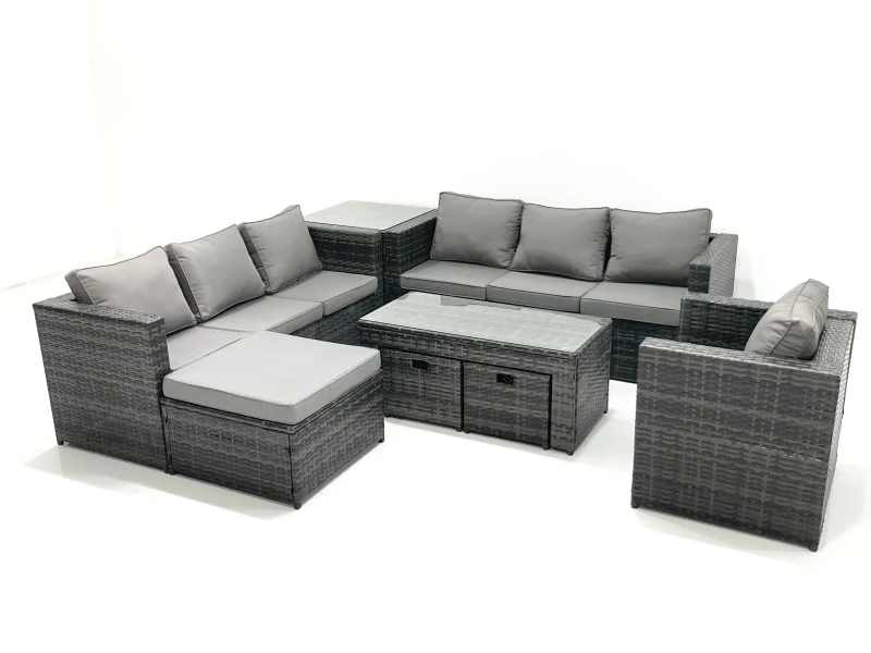 Image of Fimous Outdoor Garden Furniture Set 10 Seater Rattan Sofa Set with Coffee Table 3 Big Footstools Armchair Side Table Dark Grey Mixed Dark Grey