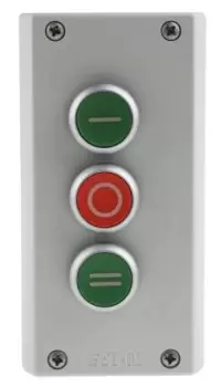 Image of Eaton Momentary Enclosed Push Button - 3NO/3NC, Plastic, 3 Cutouts, Green/Red/Green, I/O/II, IP69K