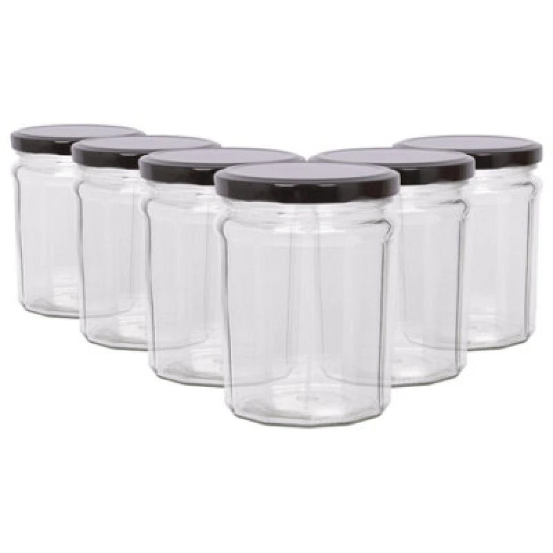 Image of Argon Tableware Glass Jam Jars With Black Lids - 380Ml - Pack Of 6