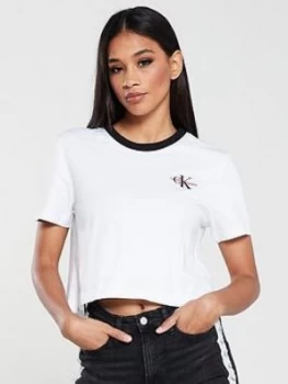Image of Calvin Klein Jeans Monogram Embroidery Ringer T-Shirt - White, Size XL, Women