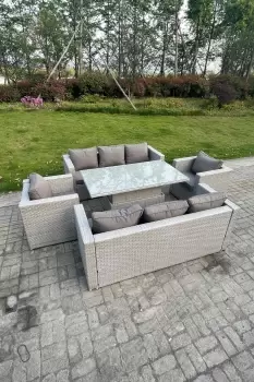 Image of Fimous 8 Seater Outdoor Light Grey Rattan Lounge Complete Sofa Set with Adjustable Table