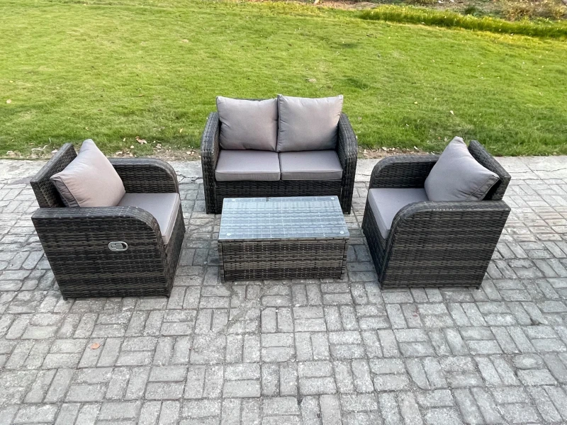 Image of Fimous 4 PC Outdoor PE Rattan Garden Furniture Set Wicker Love Sofa Coffee Table 2 Armchair Dark Grey Mixed Dark Grey