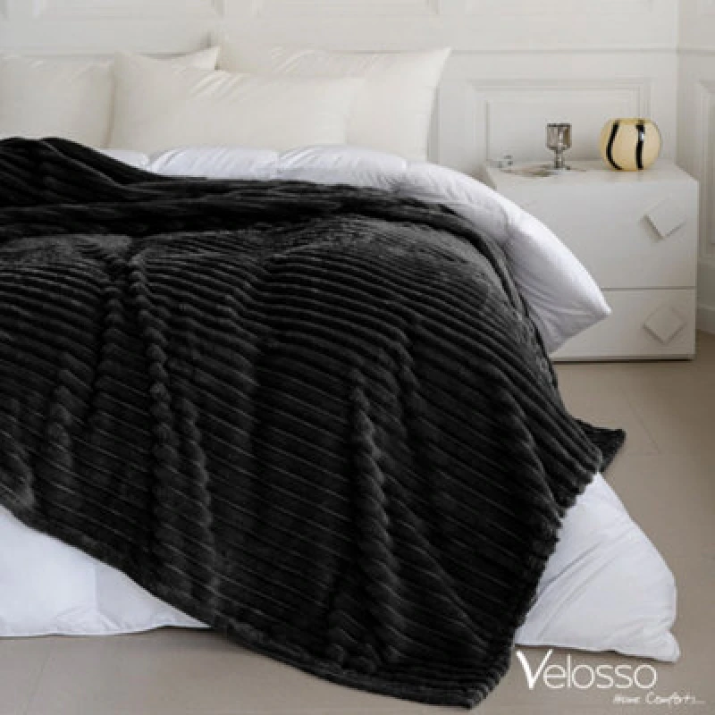 Image of Velosso Elegant Thermal Plush Ribbed Throw Blanket In Modern Style For Sofa, Bed In 200Cm X 240Cm - Black