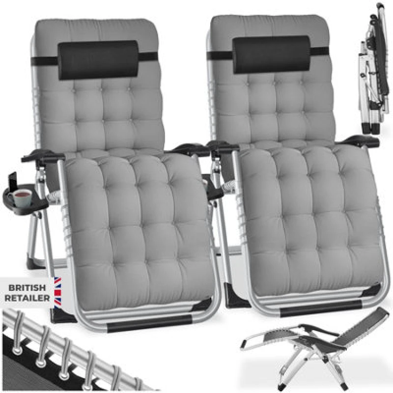 Image of Tectake Sun Lounger Cloud - Folding, Adjustable Backrest And Footrest - Light Grey - Set Of 2