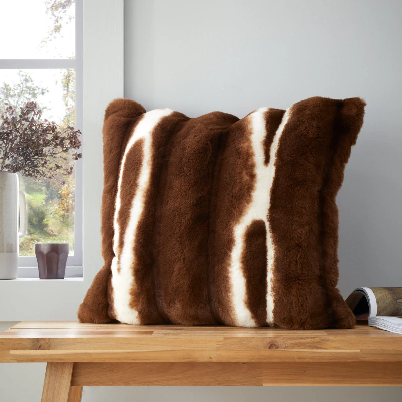 Image of Catherine Lansfield Flint Cosy Faux Fur Cushion Cushions 45x45cm Brown 42473905045