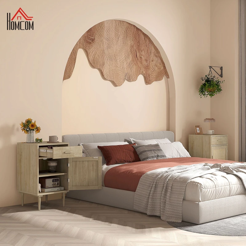 Image of HOMCOM HOMCOM Rattan Side Tables with Storage Drawer and Rattan Decorated Cabinet in Yellow Size: 1 Pack Yellow 1 Pack Unisex 5056725525491