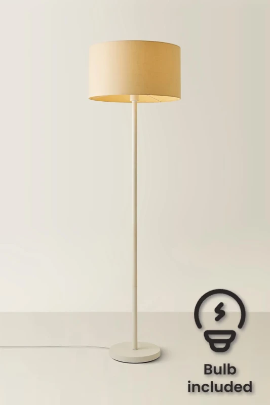 Image of ValueLights Charlie White Single Stem Floor Lamp with Fabric Drum Lamp Shade and LED Bulb Natural