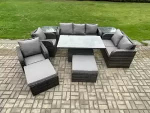 Image of Fimous 7 Seater Outdoor Dark Grey Rattan Lounge Sofa Complete Set with Height Adjustable Table 2 Side Tables and Big Footdstool