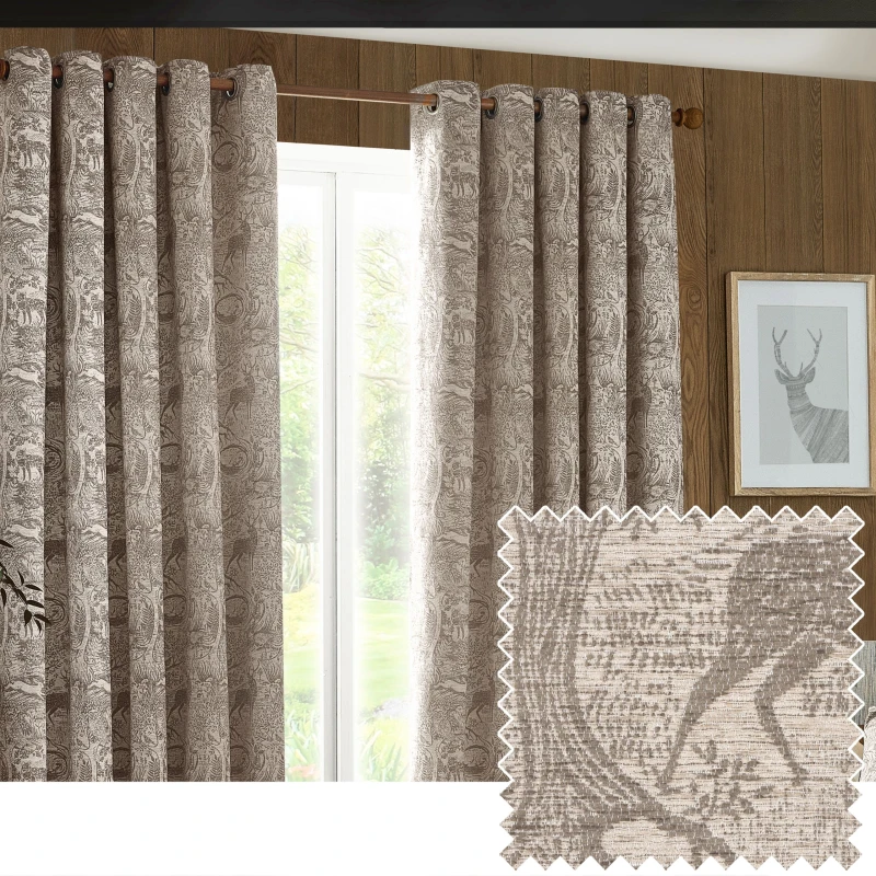 Image of Winter Woods Animal Chenille Eyelet Curtains Taupe, Taupe / 229 x 183cm