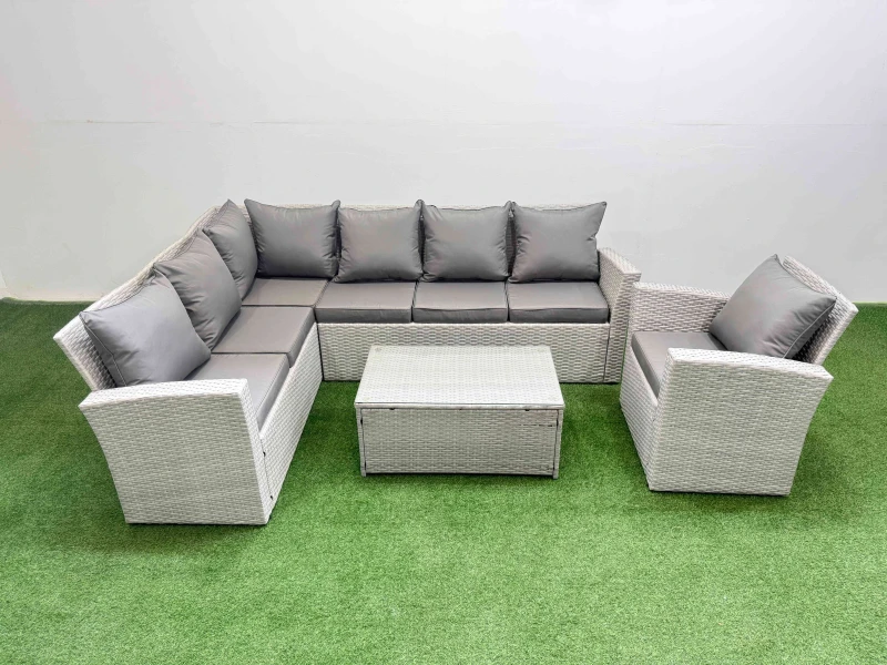 Image of Fimous 7 Seater Garden Outdoor PE Rattan Furniture Set with Big Stool in Light Grey Light Grey Unisex