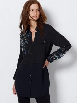 Image of Mint Velvet Cora Print Blocked Longline Blouse - Black