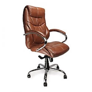 Image of Nautilus Designs Ltd. High Back Luxurious Leather Faced Synchronous Executive Armchair with Integral headrest and Chrome Base Tan
