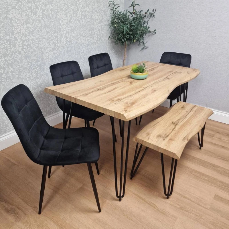Image of Kosy Koala Dining Table With Bench And 4 Black Velvet Chairs - Stylish Dining Room Set, Multi ARZ140+4BKRCO+B