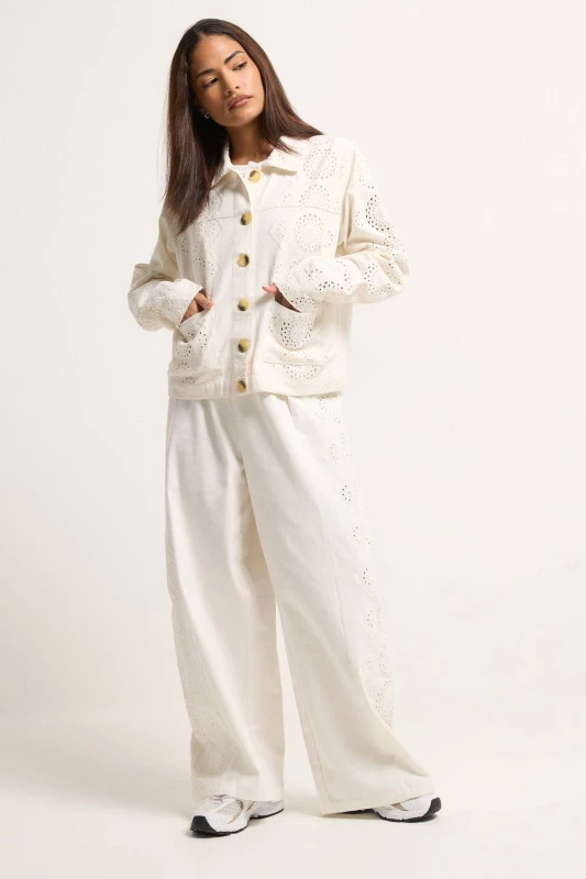 Image of PixieGirl Womens Petite Embroidered Wide Leg Trousers in Ivory Size: 8S Ivory Female 8S