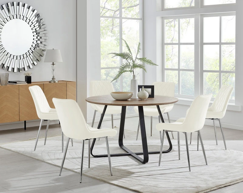 Image of FurnitureboxUK FurnitureboxUK Santorini Brown Round Dining Table And 4/6 Pesaro Silver Leg Chairs in Cream Cream One Size Unisex 5056542678509