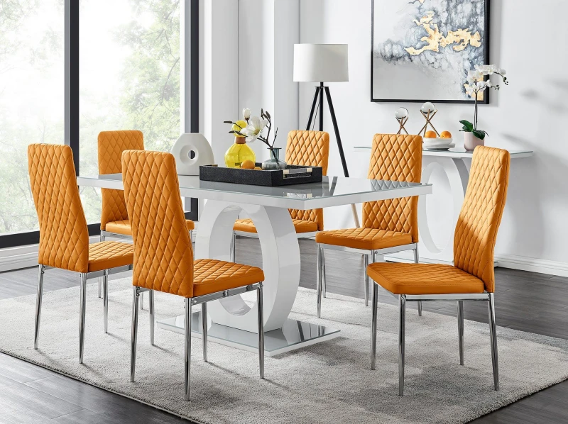 Image of FurnitureboxUK FurnitureboxUK Giovani 6-Seater Grey Glass Dining Table and 6 Milan Faux Leather Dining Chairs in Mustard Mustard One Size Unisex 50565