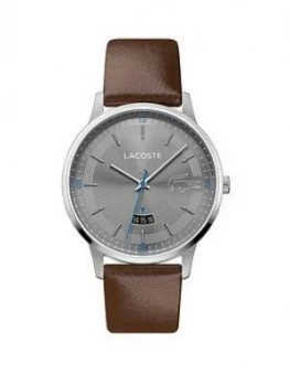 Image of Lacoste Lacoste Madrid Grey Sunray And Blue Detail Date Dial Brown Leather Strap Mens Watch