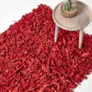 Image of Dallas Leather Shaggy Rug Red, 90 x 150cm - Red - Homescapes
