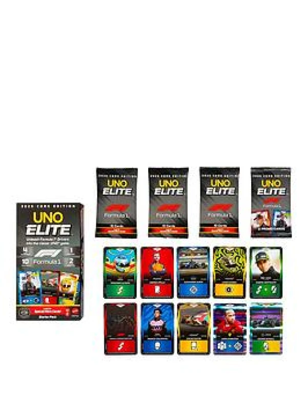 Image of Mattel Games Elite Formula 1 2025 Core Edition Starter Pack Card Game with 4 Game Booster Packs & 2 Promo Cards for Kids Fans Families & Game Night