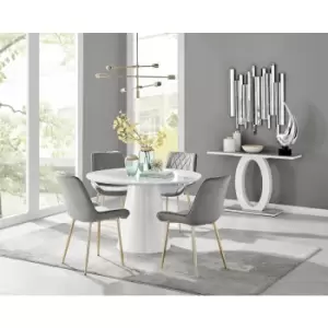 Image of Furniturebox Palma White High Gloss 4 Seat Minimalist Post Modern Round Dining Table & 4 Grey Pesaro Gold Leg Velvet Chairs
