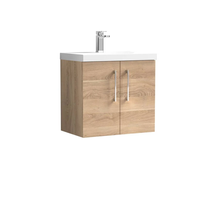 Image of Balterley Contemporary Bathroom Wall Hung 2 Soft-Close Door Vanity Unit with Mid-Edge Ceramic Basin, Bleached Oak, 600 mm in Brown Brown Unisex