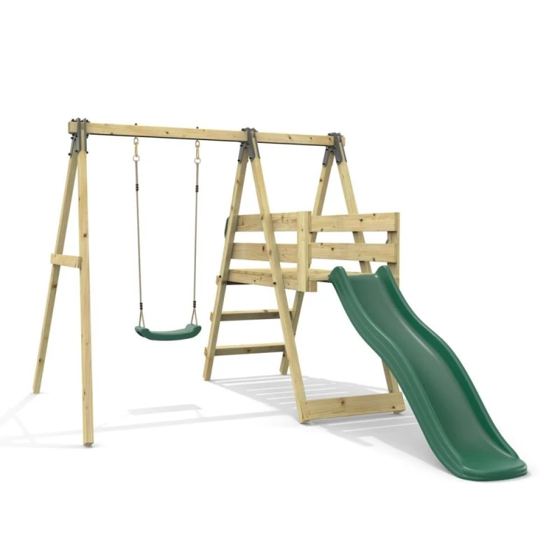 Image of OutdoorToys Glide Wooden Single Swing Set with 6ft Slide & Swing Seat - Orchid (Dark Green Belt Swing) Green Unisex