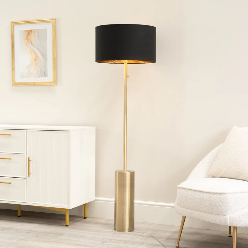 Image of ValueLights Lexy Black and Metallic Gold Shade with Antique Brass Dimmable Floor Lamp Black