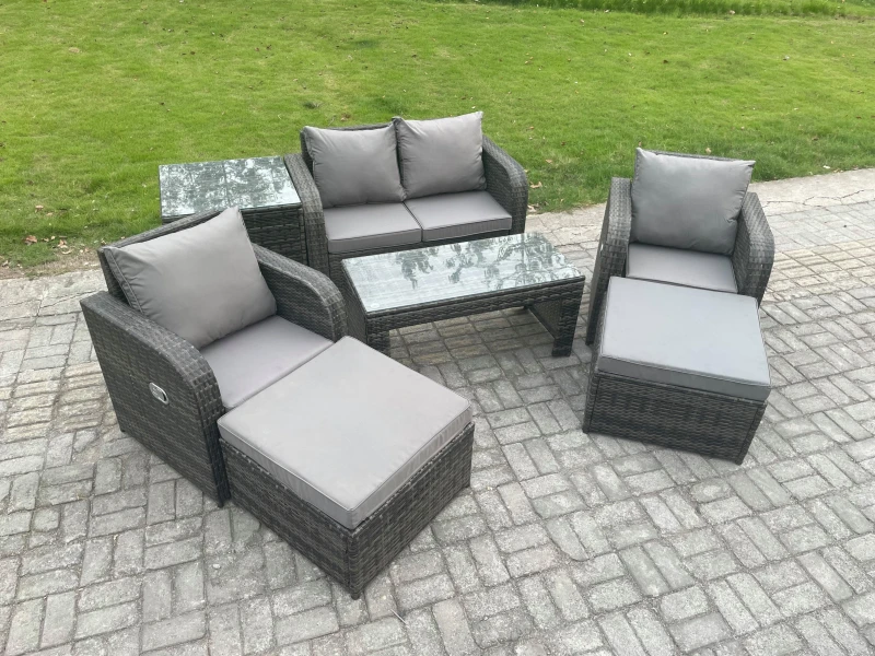 Image of Fimous Outdoor Lounge Sofa Set Wicker PE Rattan Garden Furniture Set with Reclining Chair Coffee Table Side Table Dark Grey